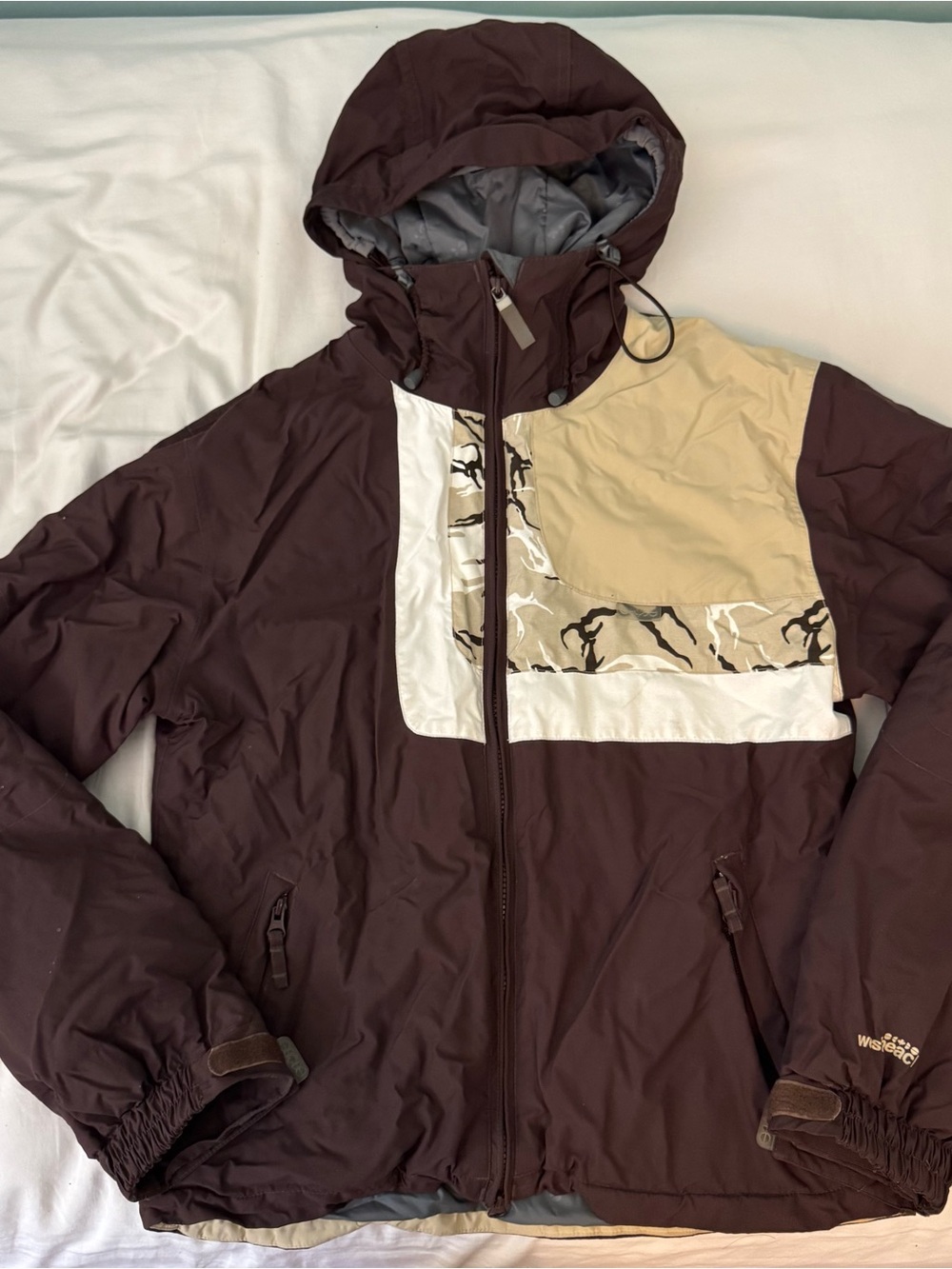 Brown and Tan Hooded Winter Jacket with Camouflage Accent